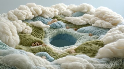 Poster - A surreal planet made entirely of knitted yarn, showcasing a textured landscape of hills, houses, and fluffy clouds.