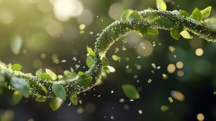 Poster - Abstract digital art of a DNA strand made from leaves and light particles, representing sustainable bio-research.