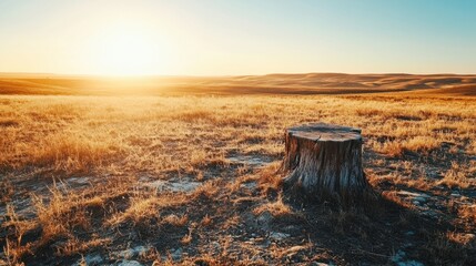 Poster - Lone tree stump in dry desert landscape under bright sunlight with clear blue sky at dusk. Generative AI