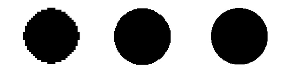 Poster - Three black circles vary in size and pixelation, showcasing a transition in digital detail.