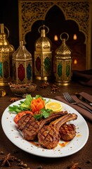 Wall Mural - delicious grilled lamb chops with fresh vegetables and spices