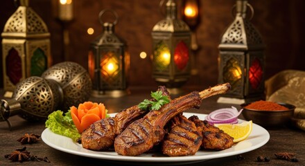 Wall Mural - deliciously grilled lamb chops with aromatic spices and sides