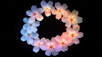 Poster - Glowing cherry blossom wreath, dark background, spring, floral design