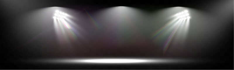 Aufkleber - 	
Empty spotlight stage with dark gradient background and bright beams of light illuminating the center. Suitable for presentations, performances, or dramatic effects.	
