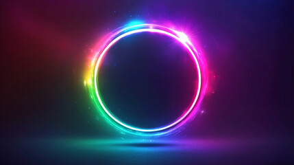 Wall Mural - Neon light glow effect on abstract magic halo ring. 3d futuristic circular frame in blue, pink, green and purple. Electric beam and circle aura isolated on transparent background. Fantasy orb hole