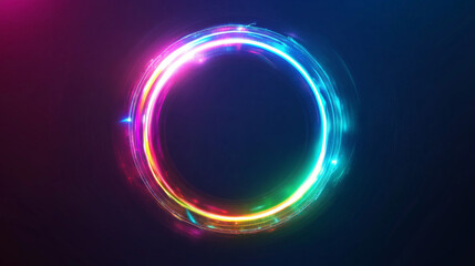 Wall Mural - Neon light glow effect on abstract magic halo ring. 3d futuristic circular frame in blue, pink, green and purple. Electric beam and circle aura isolated on transparent background. Fantasy orb hole
