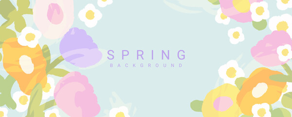 Wall Mural - spring background with cute hand drawn flowers for card, banner, poster. vector floral template for 