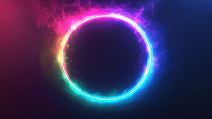 Wall Mural - Neon light glow effect on abstract magic halo ring. 3d futuristic circular frame in blue, pink, green and purple. Electric beam and circle aura isolated on transparent background. Fantasy orb hole