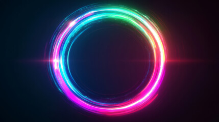 Wall Mural - Neon light glow effect on abstract magic halo ring. 3d futuristic circular frame in blue, pink, green and purple. Electric beam and circle aura isolated on transparent background. Fantasy orb hole