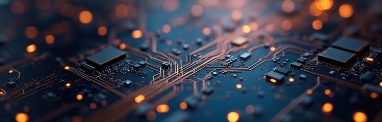 Fototapete - Electronic circuit board close-up dark blue motherboard with gold computer pathways. AI ML tech hardware, minimalist banner. Futuristic microchip system, silicon connections, precision grid structure