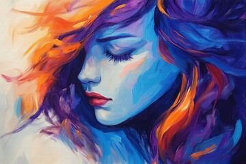 Wall Mural - Portrait of a young woman with vibrant colorful hair and artistic makeup, showcasing creativity, beauty, and self-expression in contemporary art style.