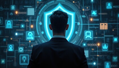 Poster - Back view of man in suit before cyber security panel hologram. Person monitors network online safety system, controls virtual interface with futuristic innovation tech. AI global web development.