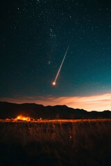 Wall Mural - meteor streaks across starry night sky over rural landscape