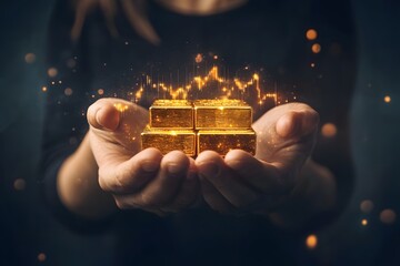 Poster - Investments in pure gold Gold bars. Money hand holding gold bricks with market graph