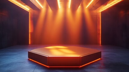 Wall Mural - Metallic hexagonal podium with light beams converging on it 