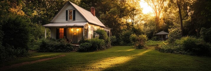 Poster - Contrast of nature reclaiming an abandoned house and a beautifully restored cottage glowing with warm lights. Generative AI