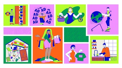 Poster - Sustainable shopping and overconsumption animated bento grid layout. Clutter home, fashion waste, responsible consumer 2D animation flat cartoon ui collage design. 4K video motion graphic collection
