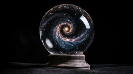 Wall Mural - spiral galaxy inside a crystal ball, isolated on black background, cosmic and surreal, ethereal and 