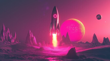 Poster - A retro-futuristic rocket blasting off from a neon-colored planet