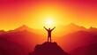 © Валерий Тодаренко - Silhouette of man standing on mountain top with arms raised, concept of victory, gratitude, and spiritual awakening, vibrant sunset colors, clear sky.