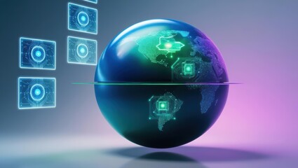 Poster - Globe surrounded by various icons symbolizing different aspects of technology and globalization