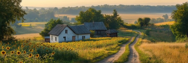 Poster - Sunflowers line the dirt road leading to rustic houses in a tranquil countryside at sunrise. Generative AI