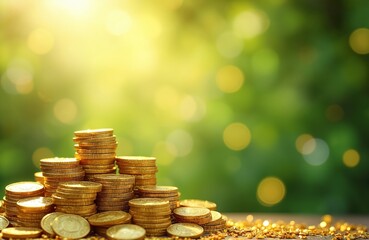 Poster - Mountain of gold coins on blurred green bokeh background. Festive St. Patrick Day backdrop. Lucky Irish decoration closeup. Shiny sparkles on golden coins pile.