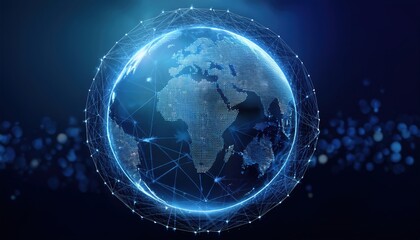 Poster - earth surrounded by a complex network of interconnected lines representing global connectivity