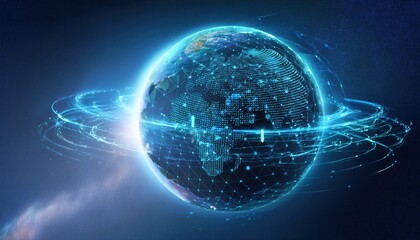 Poster - globe surrounded by a complex network of lines illustrating global communication and connectivity