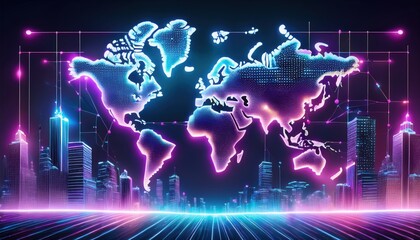 Poster - A world map illuminated by neon lights creating a modern and futuristic visual representation
