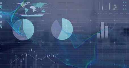 Poster - image of data processing and statistics over cityscape