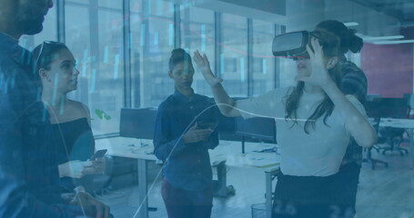 Poster - image of financial data processing over biracial woman using vr headset in office