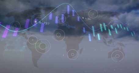 Poster - image of financial data processing and world map over sky with clouds