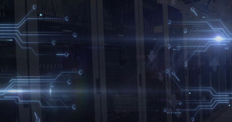 Poster - image of digital data processing with circuit board over computer servers