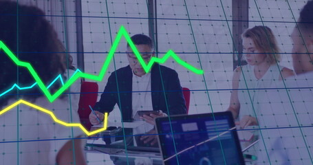 Poster - Image of financial data processing over diverse business people in office