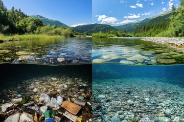 Poster - Contrasting polluted river with trash and clear water stream highlighting environmental issues. Generative AI