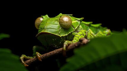 Green Spiny Bush Cricket Perched on Branch at Night