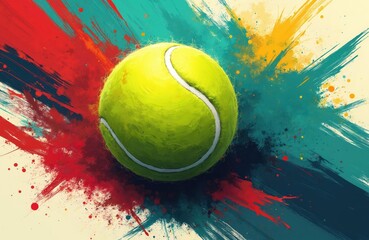Poster - Vibrant digital art featuring tennis ball on abstract background. Colorful graphic illustration with dynamic brush strokes, splashes. Energetic, modern design for sport, recreation. Playful visual