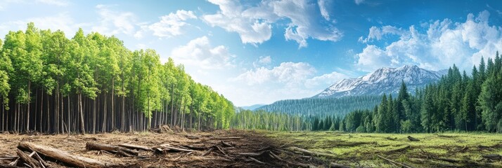Poster - Contrast of deforestation and thriving forest highlights nature conservation efforts in diverse landscapes. Generative AI