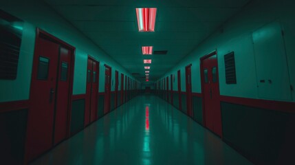 Wall Mural - Long, eerie corridor with red doors and green light