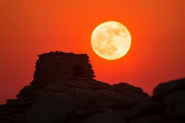 Wall Mural - stone ruin silhouette against a vivid orange full moonrise
