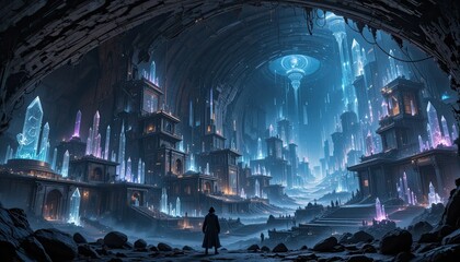 Poster - A huge subterranean metropolis with light-emitting crystals.