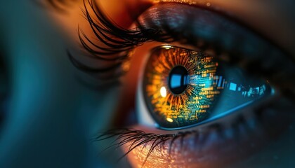 Poster - Extreme close-up of human eye with computer code reflection, tech integration. Iris displays cyber circuit patterns, binary data. Concept for futuristic vision, digital world, AI, tech, innovation.