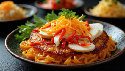 Fusion Asian Noodle Pancake with Colorful Garnishes