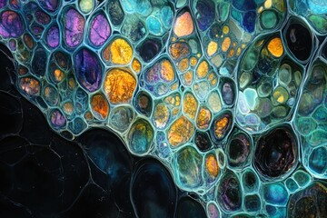 Aufkleber - Abstract fluid art showcasing vibrant, interconnected cells in teal, gold, and purple.
