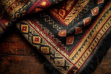 Poster - Intricate ethnic rug with black, red, and gold geometric patterns, richly textured and detailed.