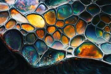 Fototapete - Abstract iridescent image of interconnected, organic-shaped cells, resembling a vibrant, flowing network.