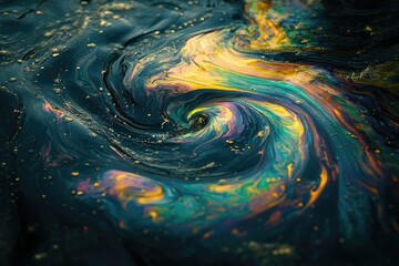Aufkleber - Abstract swirling pattern of iridescent colors and gold flecks on a dark background, resembling a cosmic nebula.