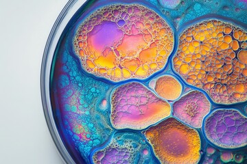 Aufkleber - Vibrant, iridescent fluid art showcasing swirling colors and bubble-like textures in a petri dish.