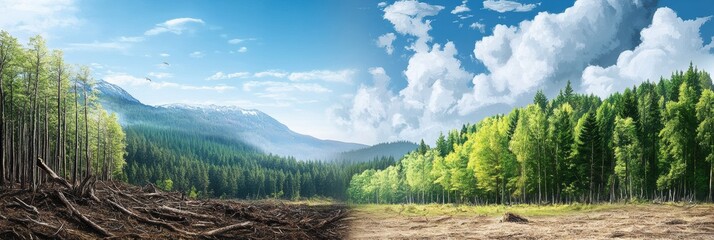 Aufkleber - Contrasting landscapes show deforestation with dead trees and a vibrant green forest flourishing in nature conservation. Generative AI